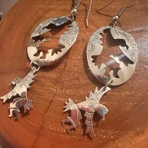 ESTATE STERLING SILVER NAVAJO EAGLE DANCER DANGLE STAMPED EARRINGS NATIVE INDIAN